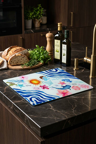 MAKRİ HOME Mediterranean Patterned Glass Cutting and Presentation Board – Tempered Glass, 25×35 cm