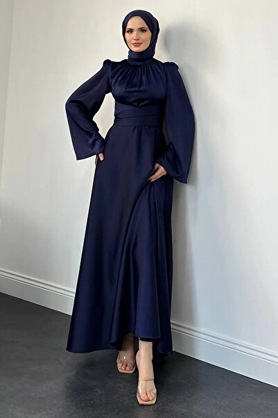 Nika Fashion İspanyol Kol Beli Dolamalı Saten Tesettür Abiye Lacivert