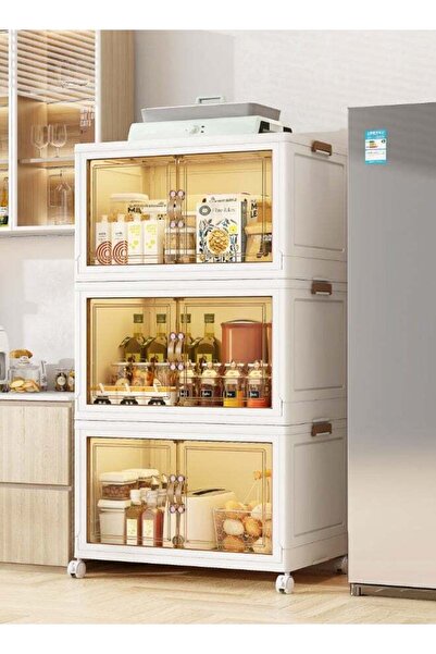 Ollieroo Three-Tier Foldable Plastic Storage Cabinet with Wheels, Transparent...