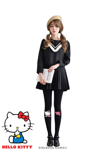 Girlboss Kawaii Hello Kitty siyah mat opak külotlu çorap / genç - büyük serisi