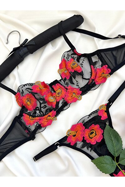 kiari Σετ εσωρούχων με μοντέρνο μαύρο σουτιέν χωρίς καπάκι με ζωηρά λουλούδια
