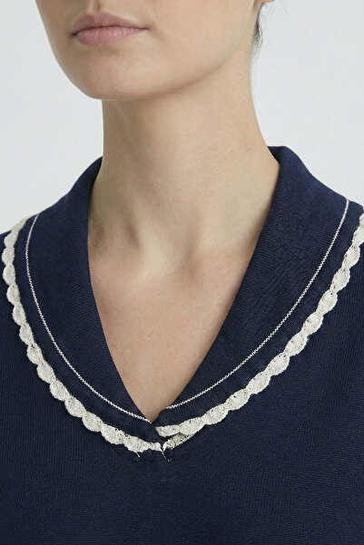 Msrlassn Lacivert Ekru Biyeli Kadın Kazak