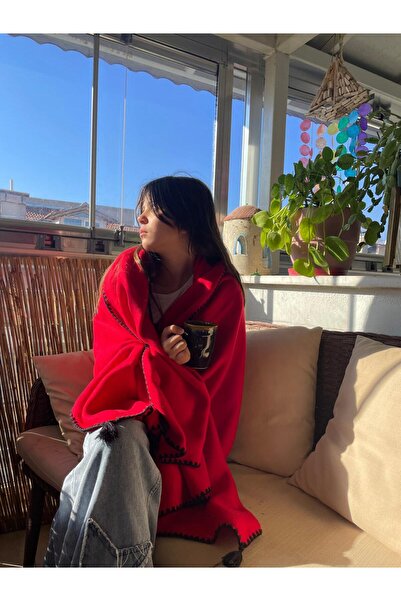 Türkühome Püsküllü İstiridye Dikişli Polar Şal – Yumuşak Dokulu, Şık ve Sıcak Tutan - 75x180 cm