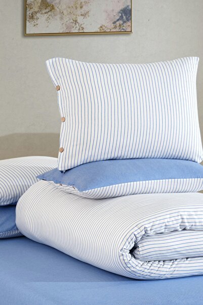 Cottonest طقم غطاء لحاف مزدوج مخطط من القطن - أزرق وأبيض، موديل بأزرار