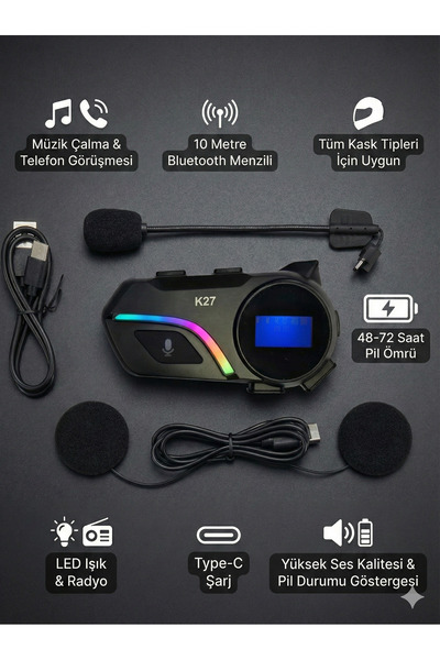 FaroxTech K27 Motosiklet Kask Kulaklığı Bluetooth Intercom Seti - 72 Saat Pil...