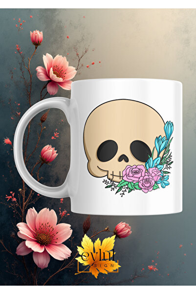 Eylül Design Skull and Flower Special Design Printed Mug Cup Gift Tea-Coffee Cup