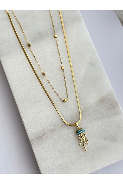 mibrillo Çelik ikili kolye ( İtalyan zincir ve küp yılan zincirli mineli deni...