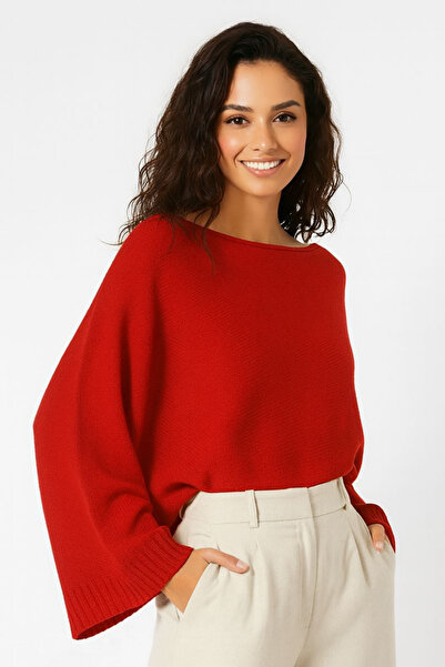 Devinka Women's Red Batwing Sleeve Soft Texture Boat Neck Knitwear Sweater