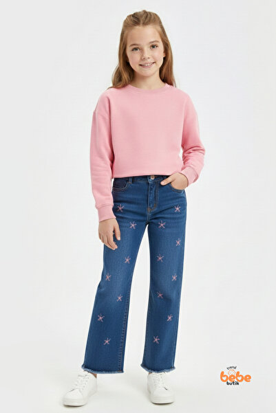 Trend Bebe Butik Pantaloni din denim brodați pentru fete, cu buzunare, cu ciu...