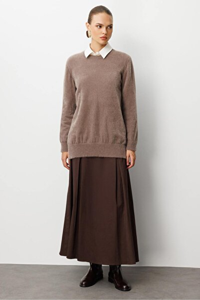 Mizalle Yuvarlak Yaka Oversize Yumuşak Dokulu Vizon Rengi Triko Kazak