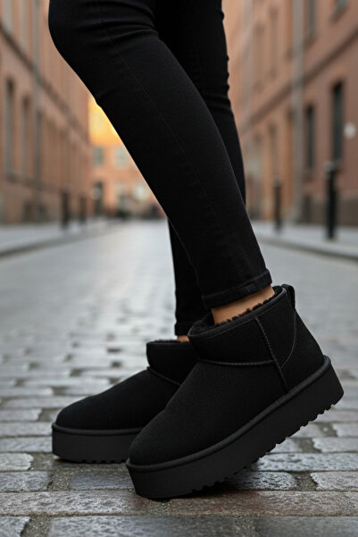 TOFİSA Women's Black High Sole Half Suede Boots - 28078-Black