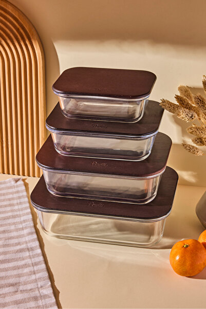 Perotti Locky Wood 4-Piece Rectangular Glass Storage Container Set