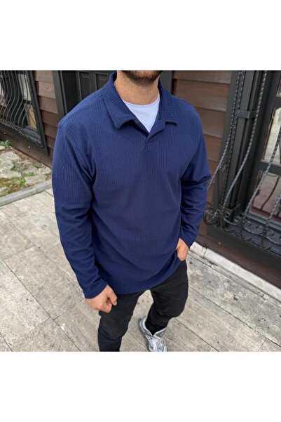 NERA GİYİM Men's Regular Fit Placketed Apache Collar Corded Fabric Terry Swea...