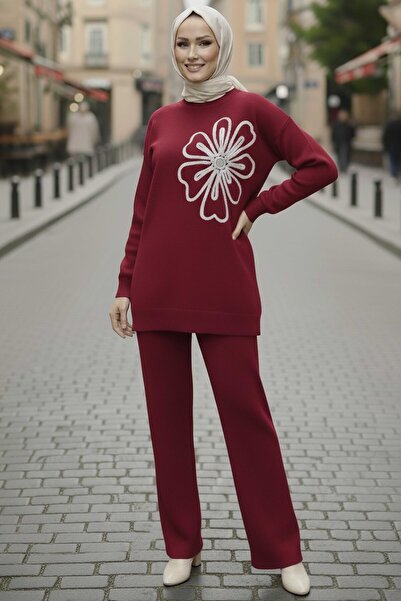 TOFİSA Floral Embroidered Double Knitwear Set Claret Red - 28062-Bordo