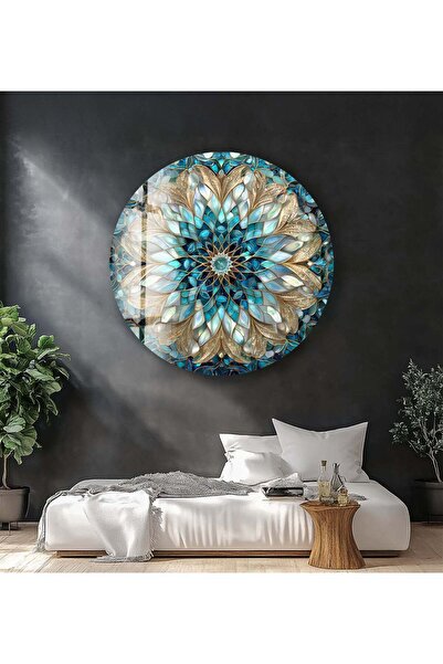 myphotostation Mavi Çiçek Mandala Yuvarlak Kırılmaz Cam Duvar Tablosu, Ev dek...