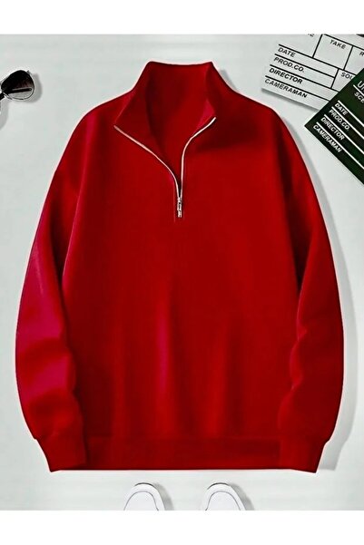 Ahsenbutik سويت شيرت أحمر ياقة مرتفعة متوسطة الطول بسحاب نصفي