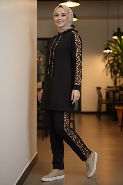 TOFİSA Leopar Şerit Detaylı İki İplik İkili Takım Siyah - 2051-SIYAH
