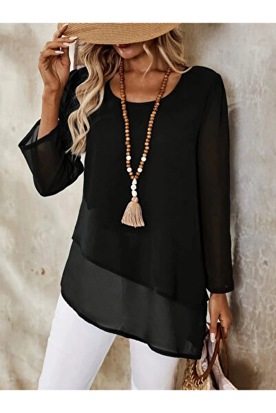 GENCULUS Women's Long Sleeve Round Neck Asymmetrical Detailed Chiffon Blouse