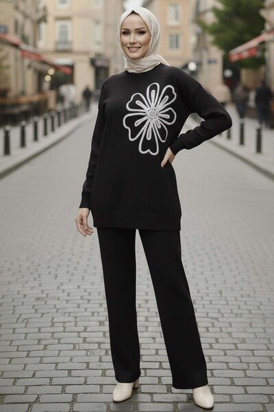 TOFİSA Floral Embroidered Double Knitwear Set Black - 28062-Black