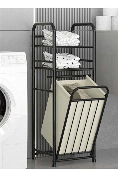 BLOOMING TIME سلة غسيل من الحديد المطاوع مع أرفف وحقيبة قابلة للإزالة، لون أسود