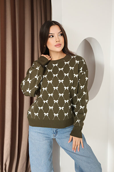 ALCHON Round Crew Neck Bow Tie Bowknot Argyle Jacquard Long Sleeve Standard Fit Knitwear Sweater