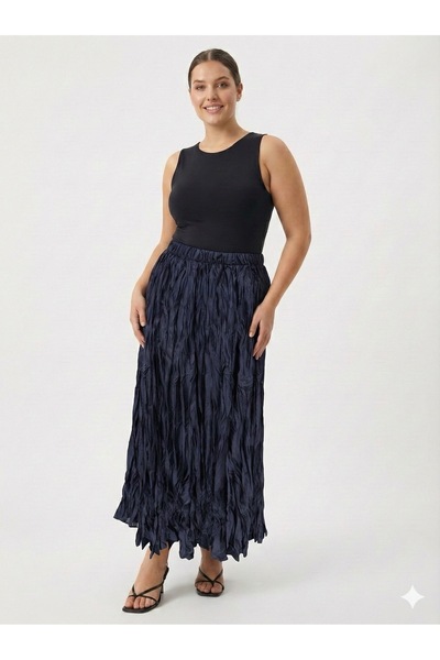 della moor Navy Blue Italian Waist Elastic Wrinkled Look Long Satin Flared Skirt