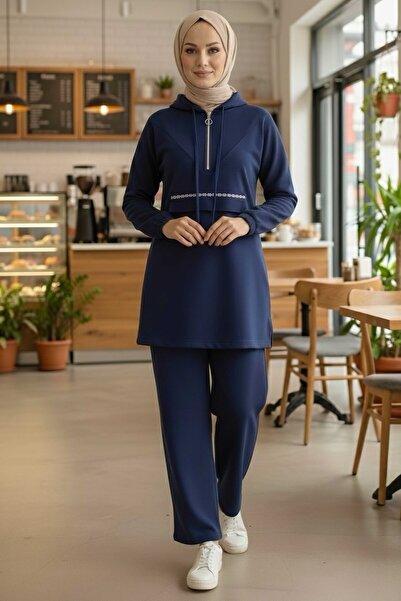 TOFİSA Stone Detailed Elastic Ankle Modal Two-Piece Suit Navy Blue - 1001-Dark Blue