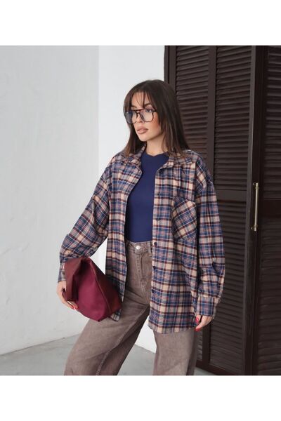 Ales Moda Ekose Desenli %100 Pamuk Kışlık Kalın Kumas Oversize Gömlek