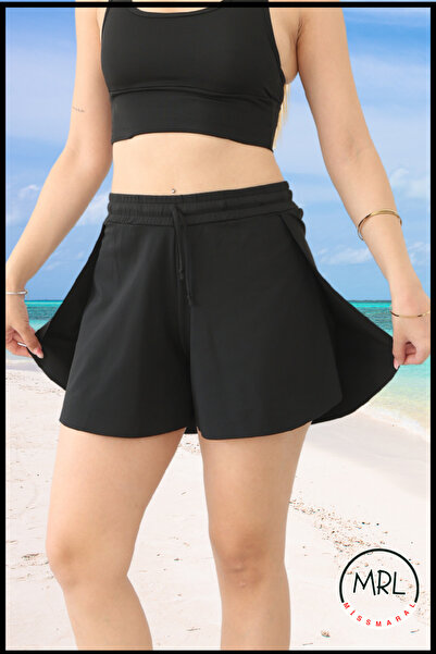 missmaral Black Women's 2-Layer Sports & Swim Shorts – Quick Dry, Elastic Waistband, Lace-Up