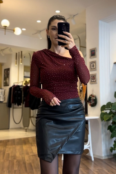 Unique Boutique Bordo Taşlı Tül Bluz