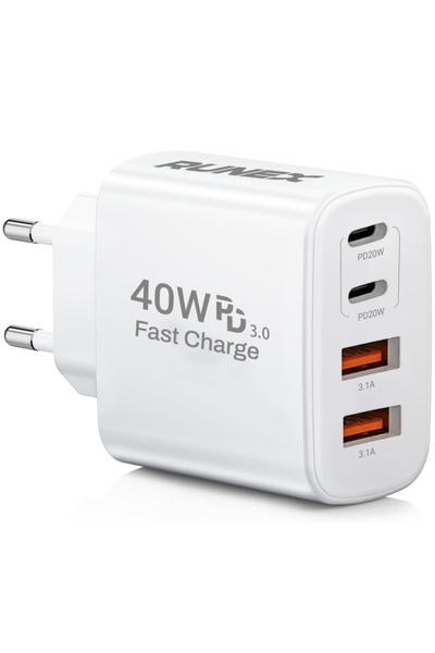 Runex Incarcator Retea 40W, 4 Porturi, Adaptor Priza Quick Charge, Protectie Supracurent