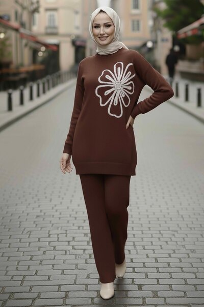 TOFİSA Floral Embroidered Double Knitwear Set Brown - 28062-Brown
