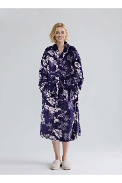Noon East All Flower Print Flannel Bathrobe - 250 GSM 100% Polyester - Blue, ...