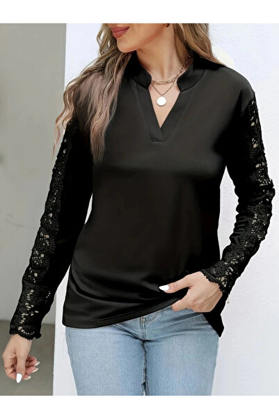 GENCULUS Women's Long Sleeve Judge Collar Sleeves Lace Detailed Imported Crepe Blouse