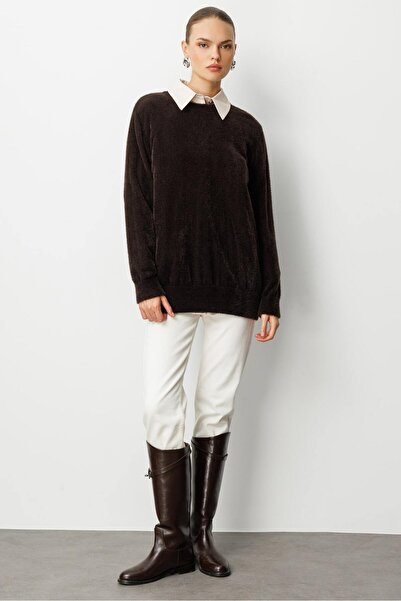 Mizalle Yuvarlak Yaka Oversize Yumuşak Dokulu Kahverengi Triko Kazak