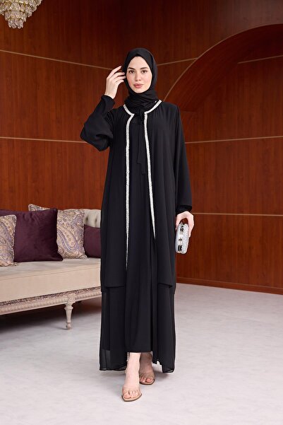 Hülya Keser Şerit Taş İşleme Detaylı Tesettür Abaya - Siyah