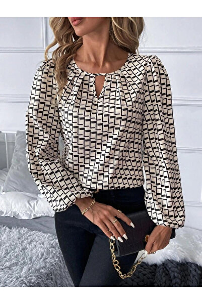 GENCULUS Women's Long Sleeve Drop Detail Collar Patterned Single Jersey Blouse