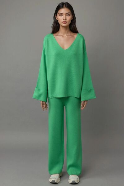 Hiccup ΣΕΤ Πλεκτό Πουλόβερ με λαιμόκοψη σε σχήμα V & Παντελόνι με ψηλή μέση