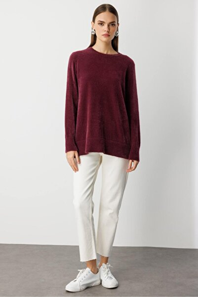 Mizalle Yuvarlak Yaka Oversize Yumuşak Dokulu Mürdüm Triko Kazak