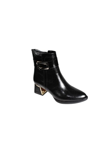 Yaz Kış Ayakkabı Yazkiş Women's Black Shiny 5cm Heeled Buckle Zippered Boots