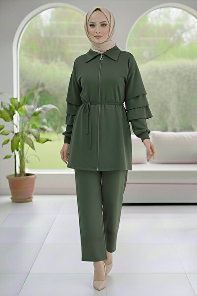 TOFİSA Modal Double Suit with Ruffled Sleeves Khaki - 089-Haki
