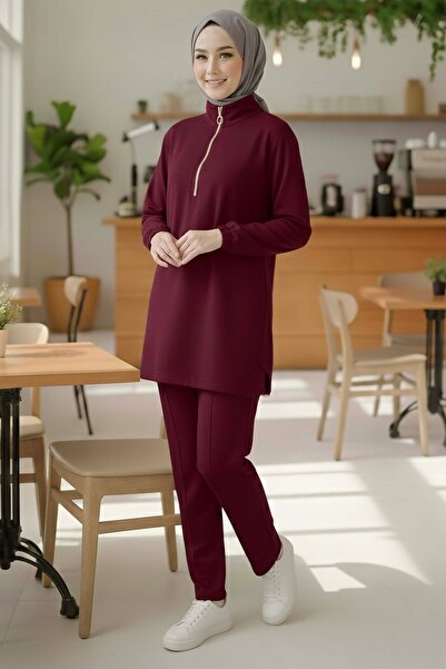TOFİSA Zippered Modal Double Suit Burgundy - 1013-Bordo