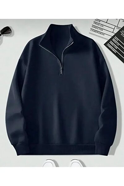 Ahsenbutik سترة باللون الأزرق الداكن بياقة واقفة ونصف سحاب