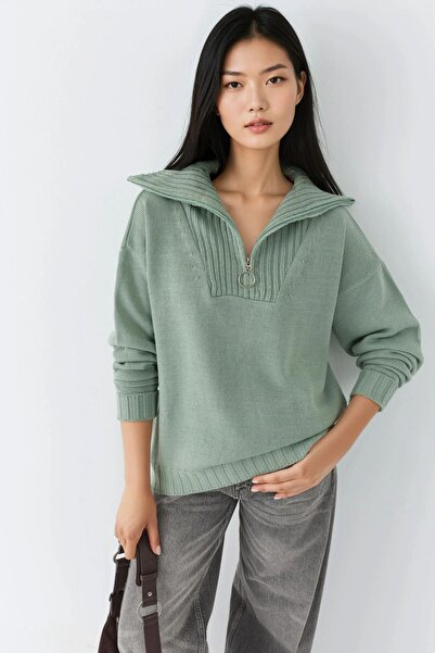 Hiccup My Fashion Zippered Collar Oversized Knitwear Sweater