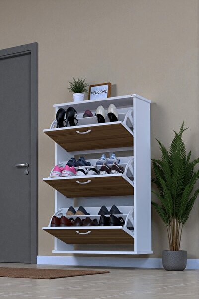 Eliusta Farel 72 cm Genişlik 3 Kapaklı Ayakkabılık 72x114x26 cm Ceviz Renk Ka...