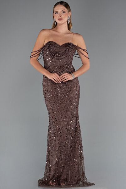 Abiyefon Kahve Straplez Boncuklu Uzun Abiye Elbise ABU5477