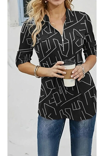 GENCULUS Women's Long Sleeve High Neck Zipper Geometric Pattern Single Jersey Blouse