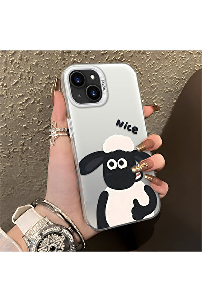 ucuc iPhone 15 Uyumlu Silikon Kenar Sert Arka Anti Düşme Kuzu Desenli Kılıfı