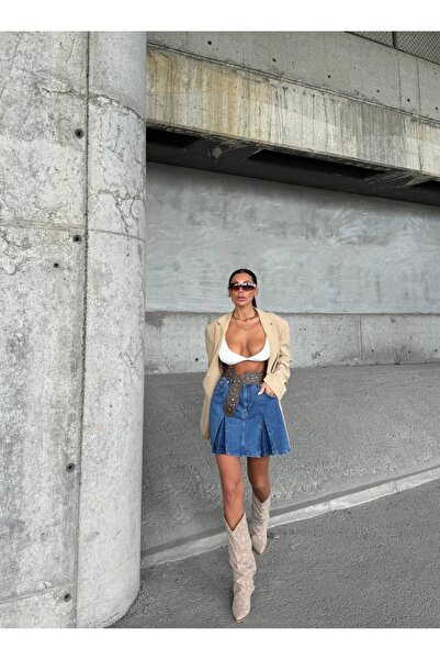 HerTon Pile Detaylı Yüksek Bel Denim Mini Etek