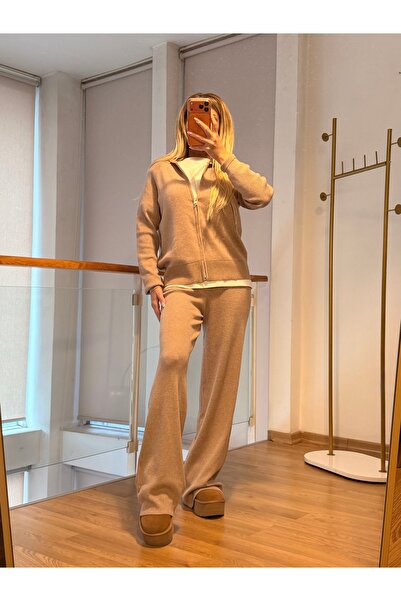 Lueurboutique Kadın Triko Takım Bej Sütlü Kahve